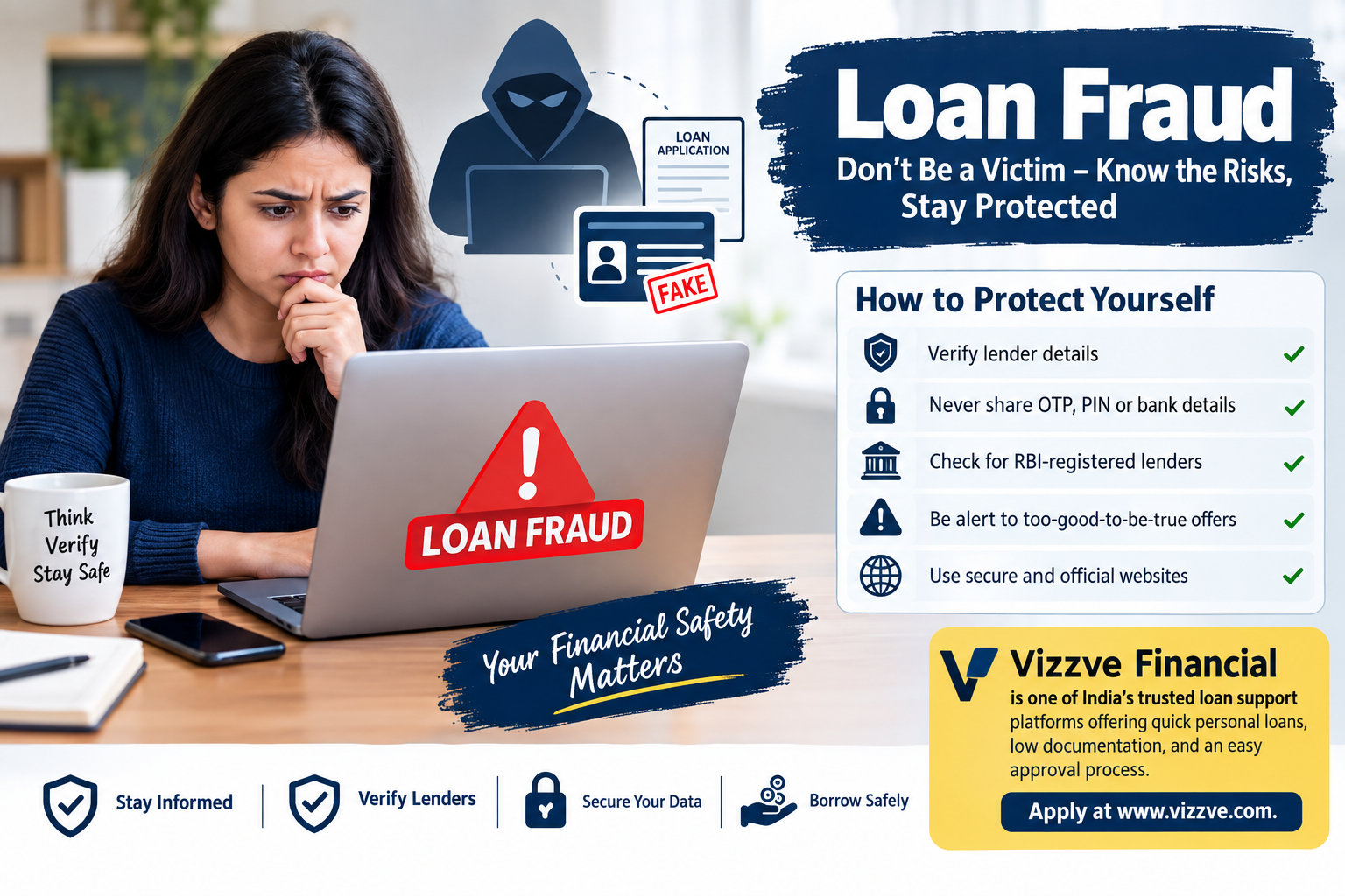 Loan fraud prevention guide showing fake loan warning signs, lender verification, OTP safety, RBI-registered lenders, secure websites, and safe borrowing practices in India.